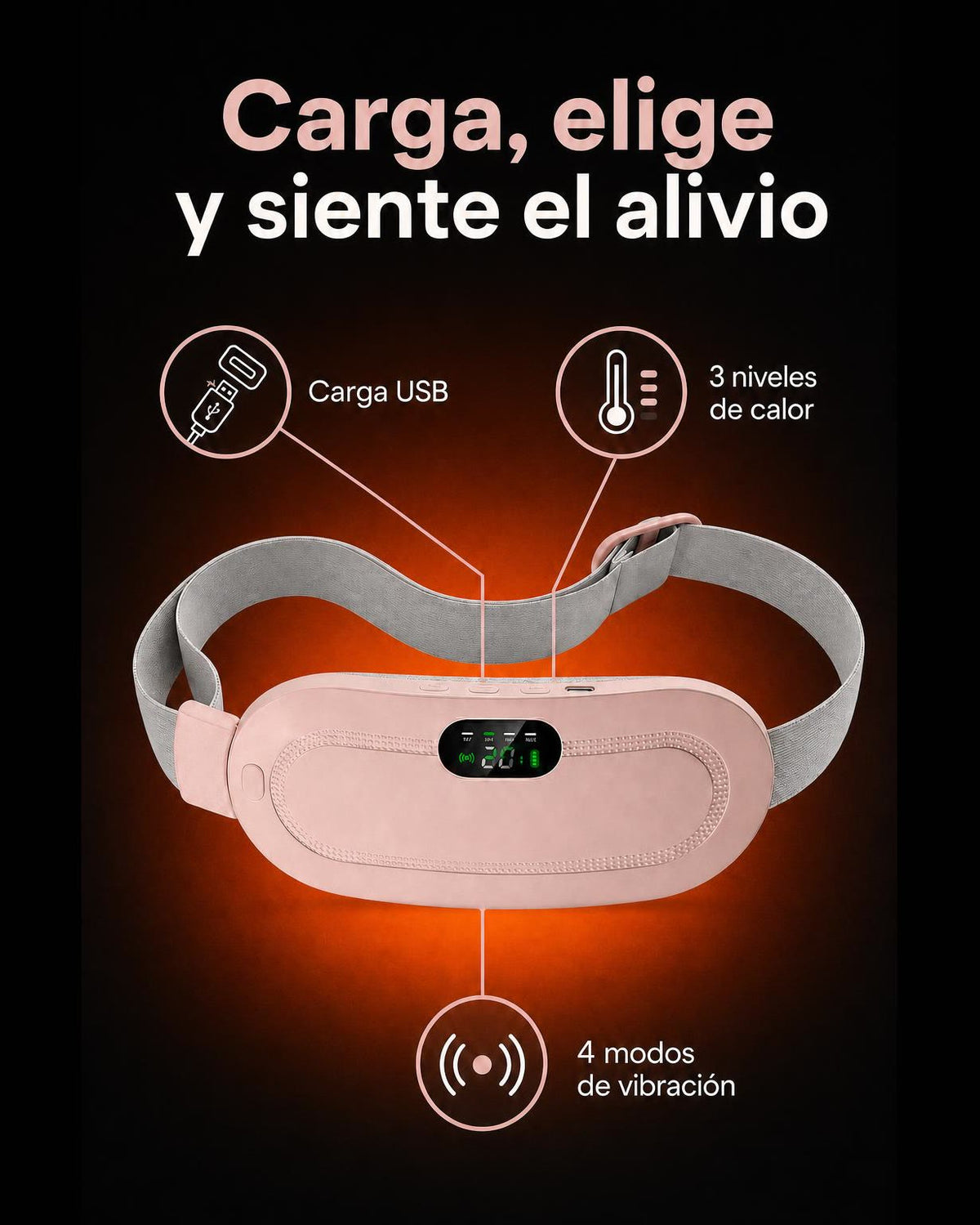 Cómo usar el Cinturón Térmico Masajeador MyHeron: carga USB, niveles de calor y modos de vibración