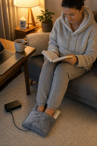 Mujer usando el Calentador de Pies USB MyHeron conectado a un power bank