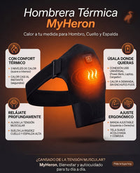 Infografía de la Hombrera Térmica MyHeron: 3 niveles de calor, conexión USB, banda ajustable y tela suave acolchada