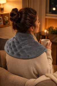Mujer usando la Manta Térmica MyHeron relajada en el sillón con una taza