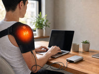 Hombre usando la Hombrera Térmica MyHeron mientras trabaja en su escritorio, conectada por USB a un power bank con cable largo