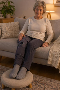 Señora mayor relajada en el sillón usando la Rodillera con Masaje MyHeron
